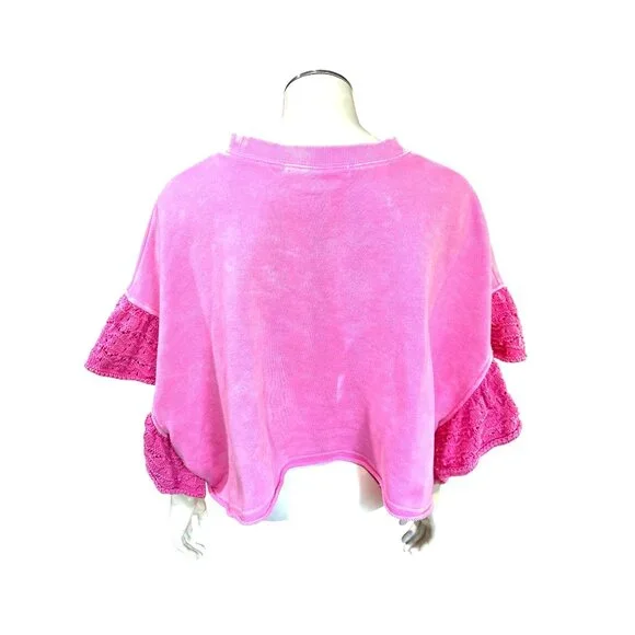 Altard State Medium Pink Cropped Sweatshirt Crochet Puff Sleeve Boho Top Girly - Picture 3 of 9